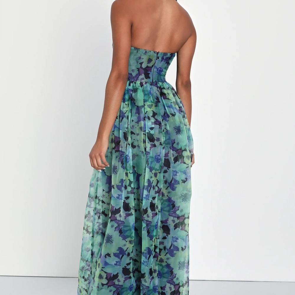 Wonderful Waltz Green Floral Print Strapless Bustier Maxi Dress - Picture 2 of 6